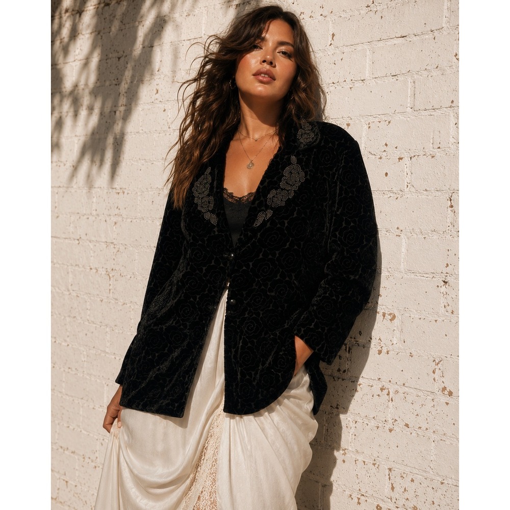 Vintage Bob Mackie Wearable Art Black Silk Velvet Burnout Beaded Rose Blazer 1X